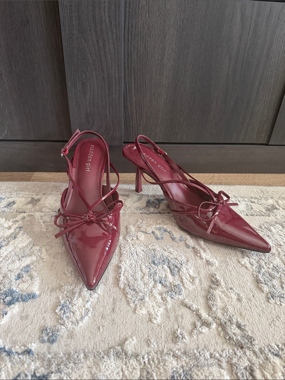 Madden Girl Burgundy Patent Pointed Slingback Heels with Bow